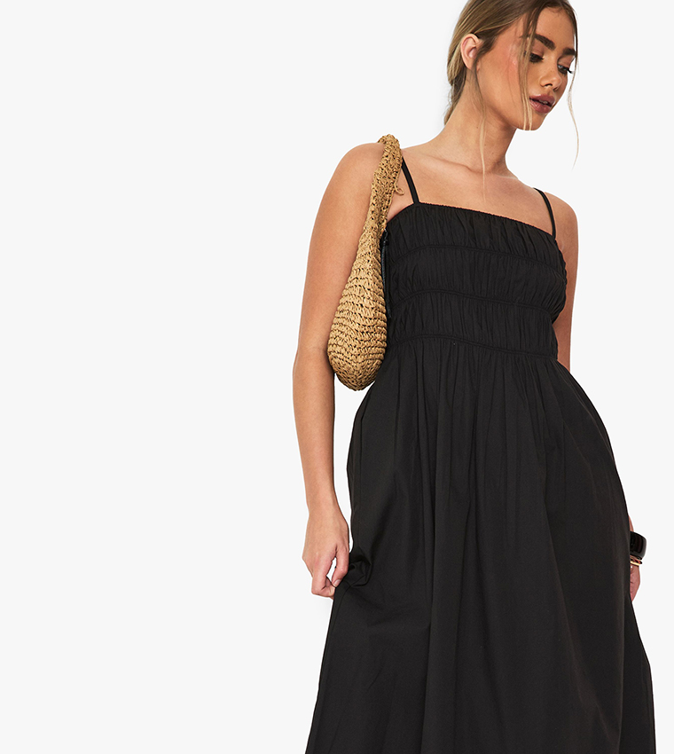 Cotton Poplin Shirred Maxi Dress