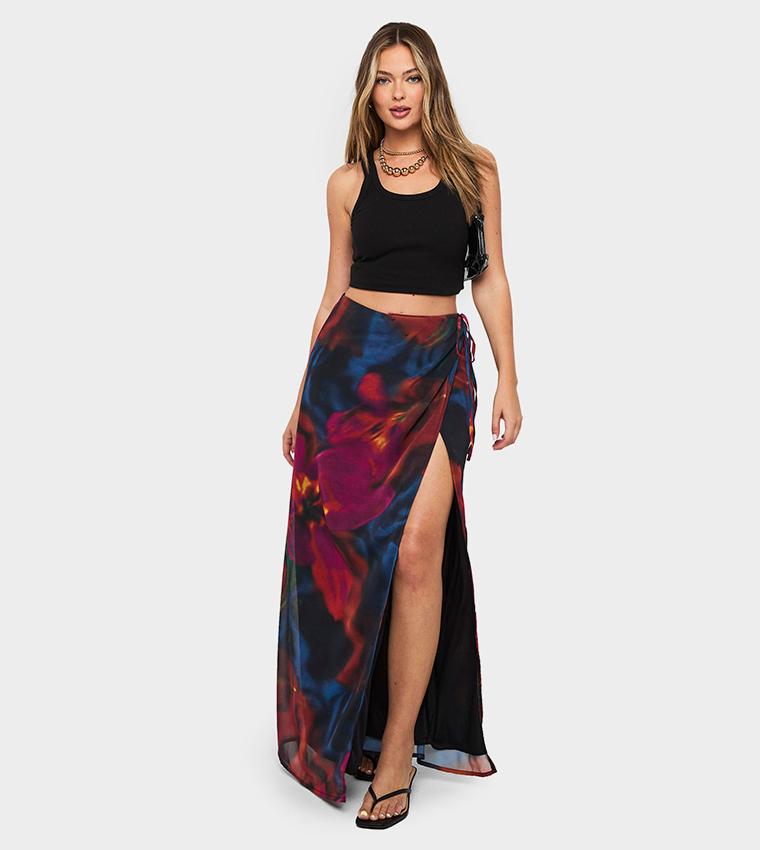 Abstract Floral Patterned Slit Maxi Skirt