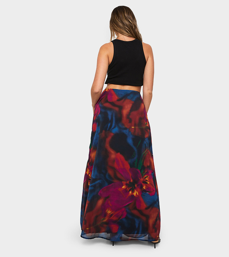 Abstract Floral Patterned Slit Maxi Skirt