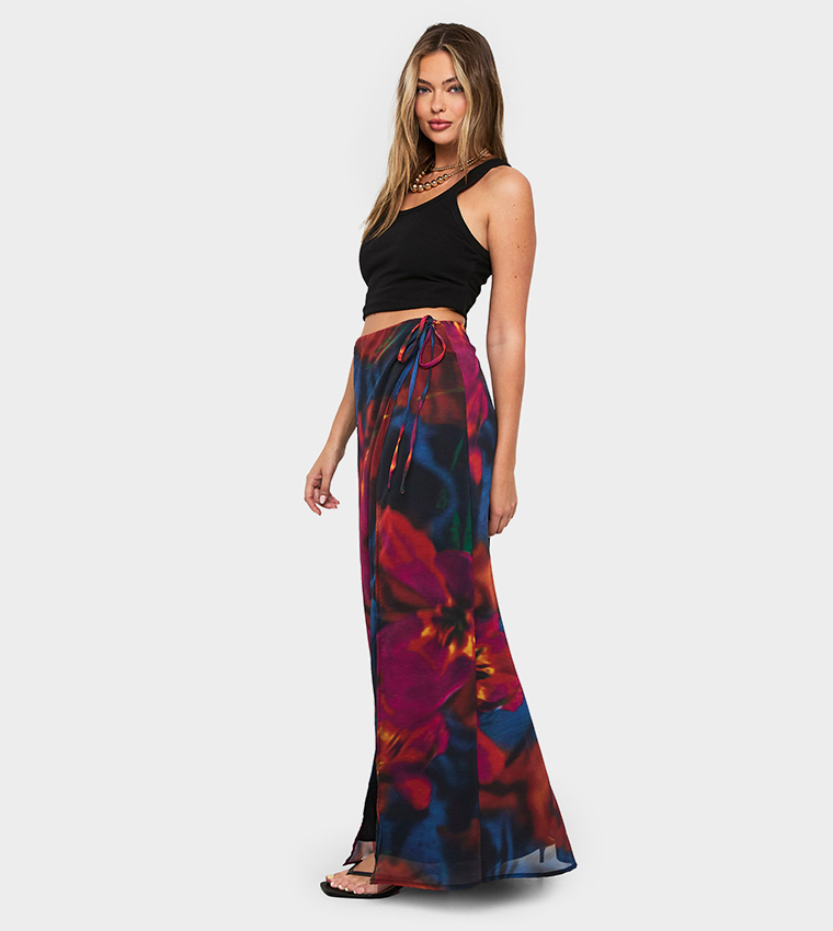 Abstract Floral Patterned Slit Maxi Skirt