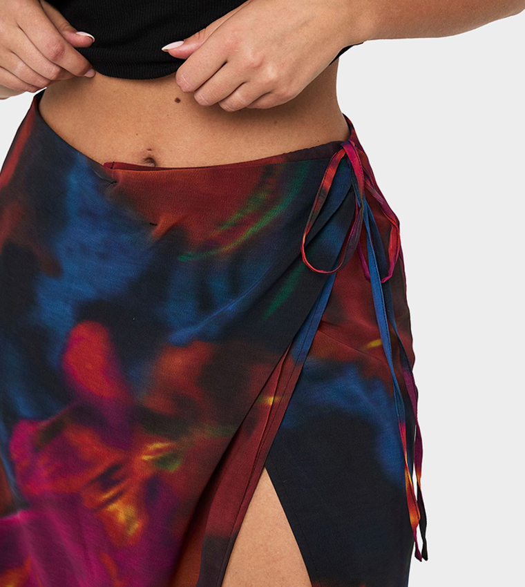 Abstract Floral Patterned Slit Maxi Skirt