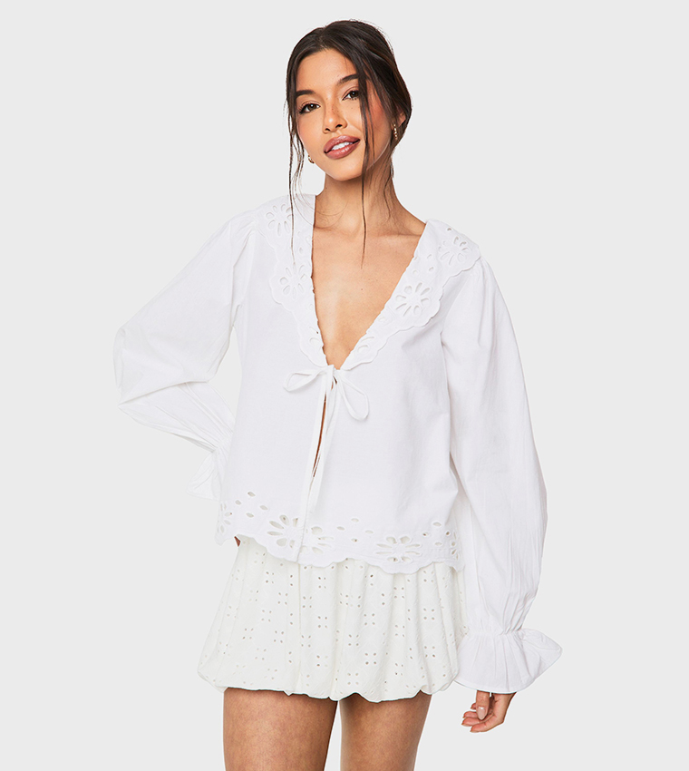 Cutwork Broderie Tie Front Top