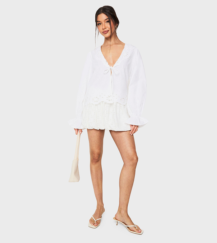 Cutwork Broderie Tie Front Top