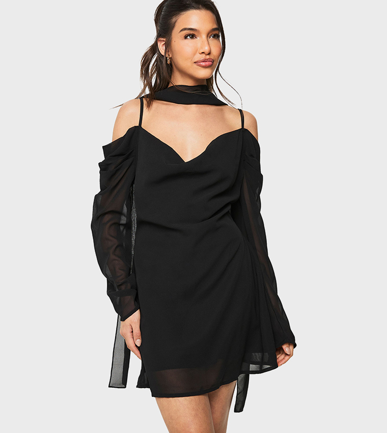 Buy Boohoo Outlet Chiffon Scarf Detail Cold Shoulder Mini Dress In Black | 6thstreet Bahrain Buy Boohoo Outlet Chiffon Scarf Detail Cold Shoulder Mini Dress In Black | 6thstreet Bahrain