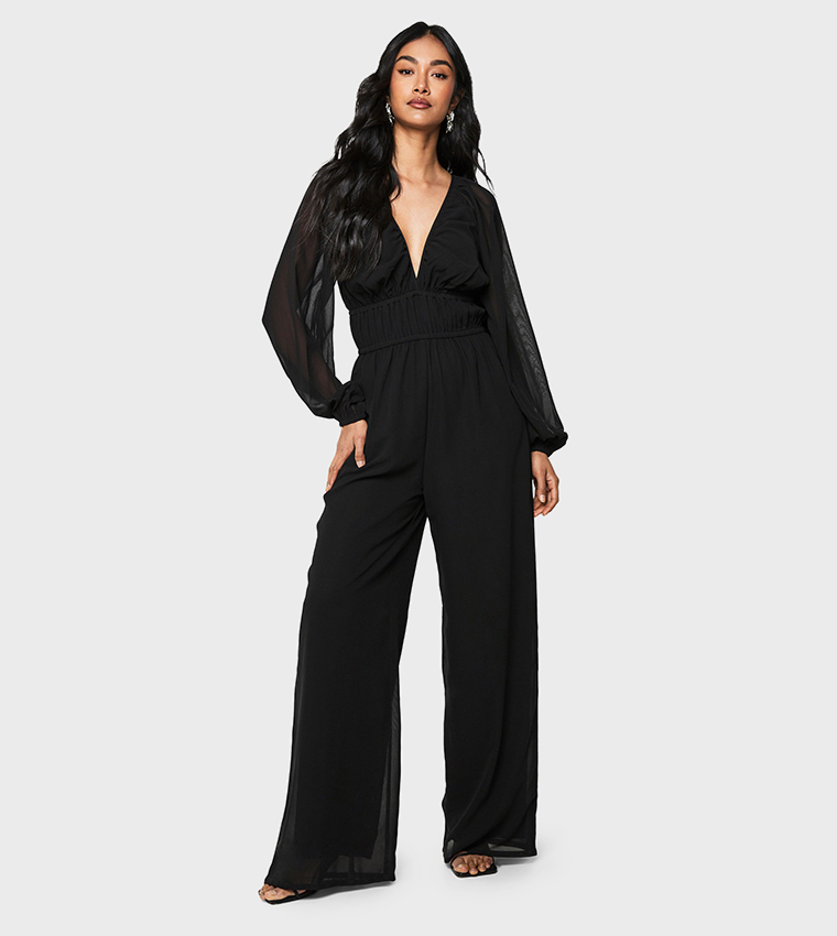 Chiffon V-Neck Ruched Wide Leg Jumpsuit
