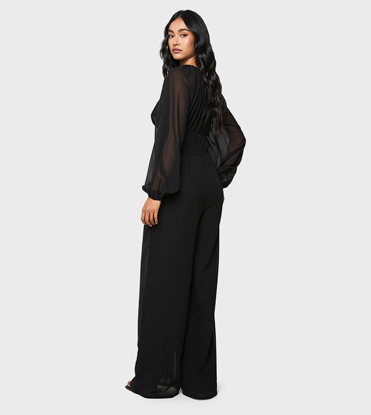 Chiffon V-Neck Ruched Wide Leg Jumpsuit