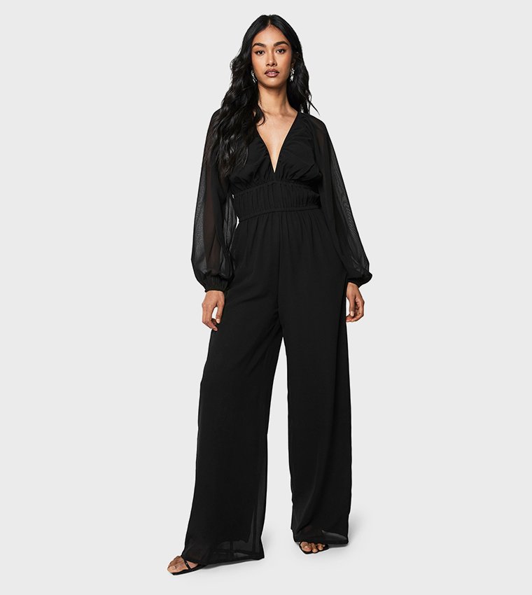 Chiffon V-Neck Ruched Wide Leg Jumpsuit