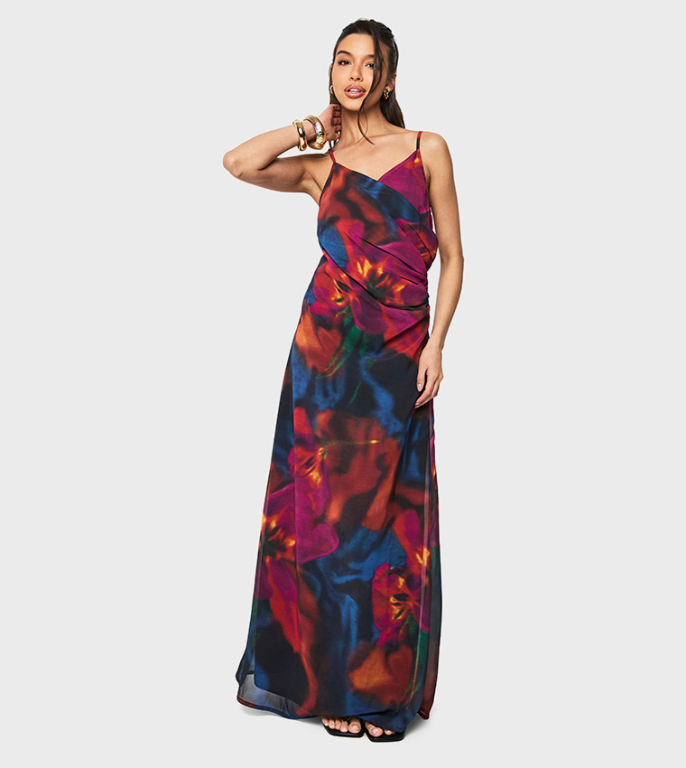Floral Chiffon Ruched Side Maxi Dress