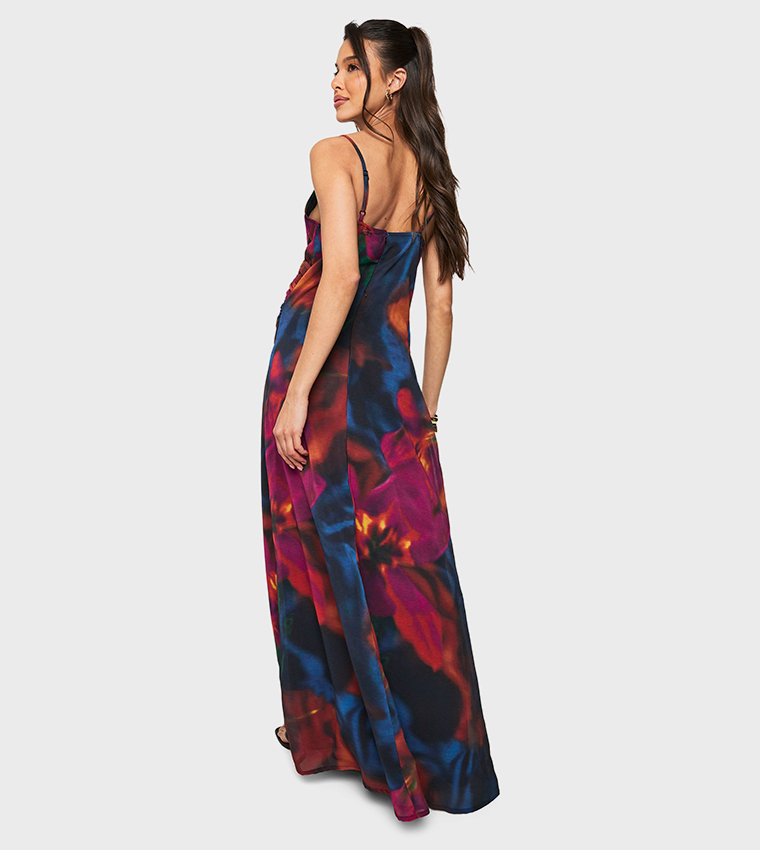 Floral Chiffon Ruched Side Maxi Dress