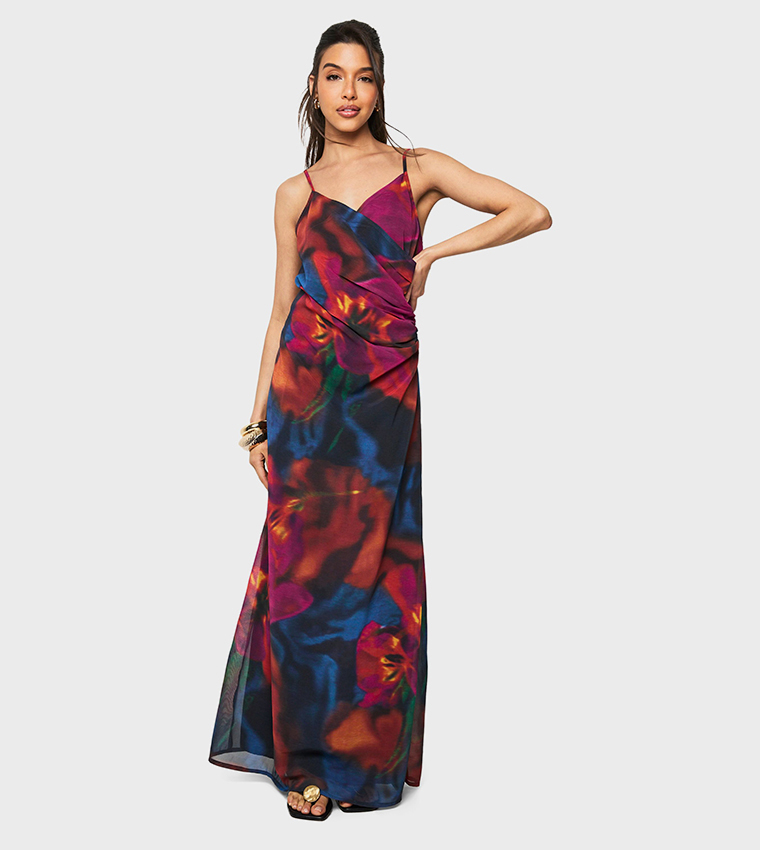 Floral Chiffon Ruched Side Maxi Dress