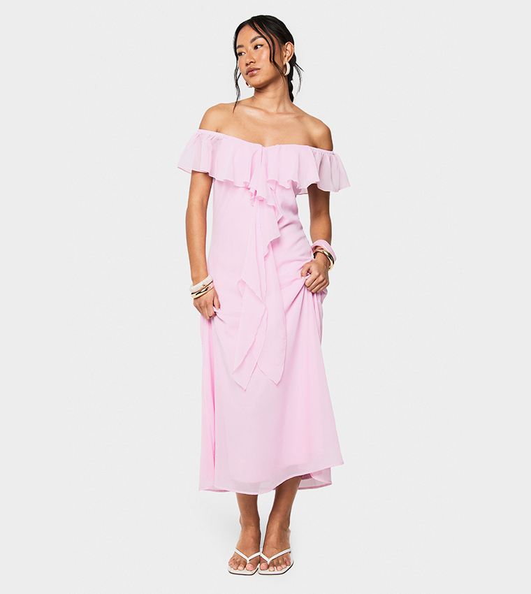 Chiffon Bardot Ruffled Midaxi Dress