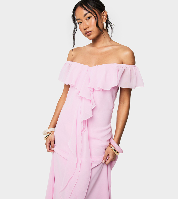 Chiffon Bardot Ruffled Midaxi Dress