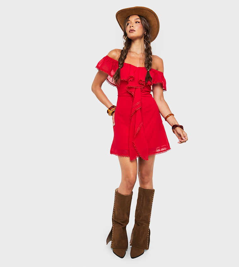 Chiffon Ruffle Bardot Mini Dress