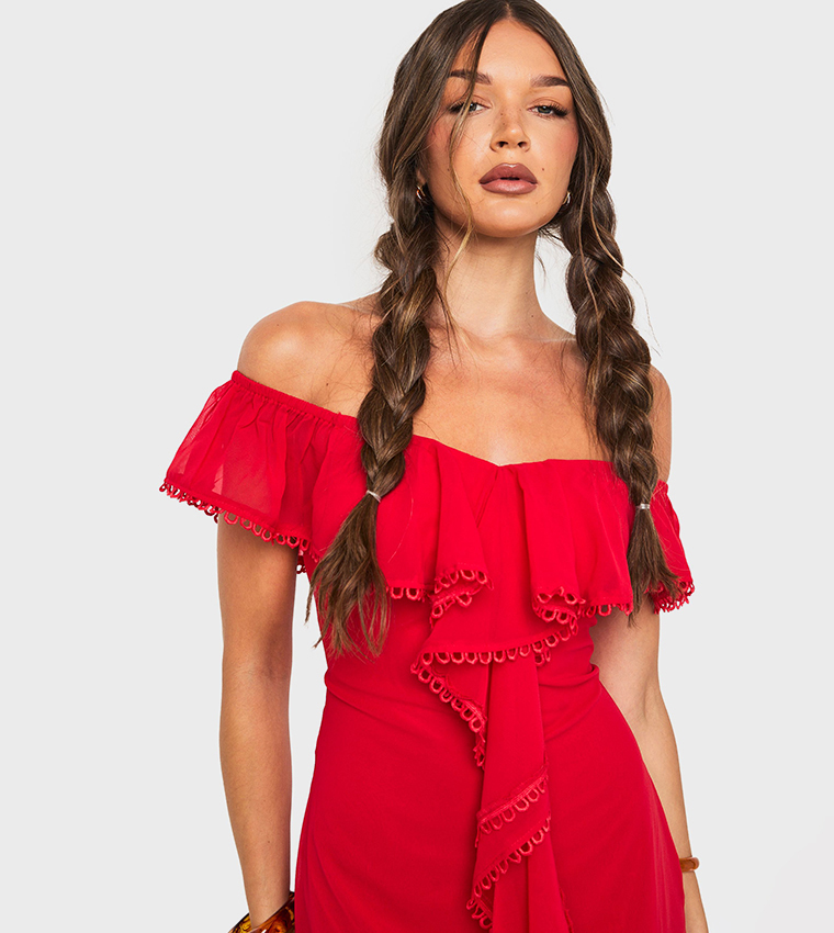 Chiffon Ruffle Bardot Mini Dress