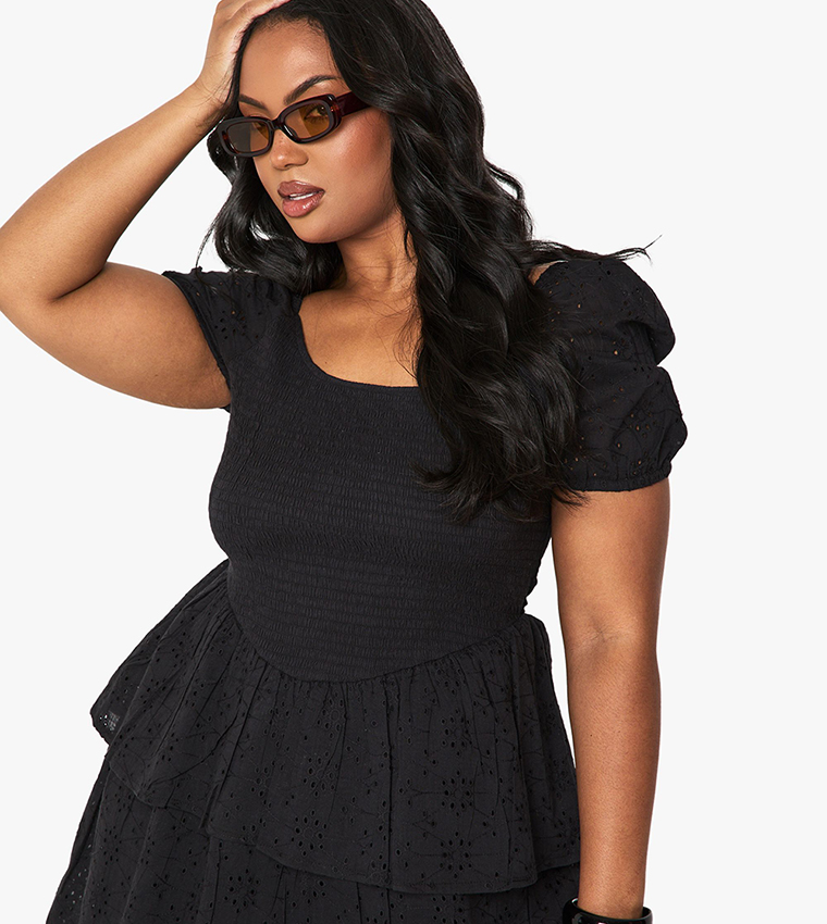 Curve Broderie Shirred Mini Dress