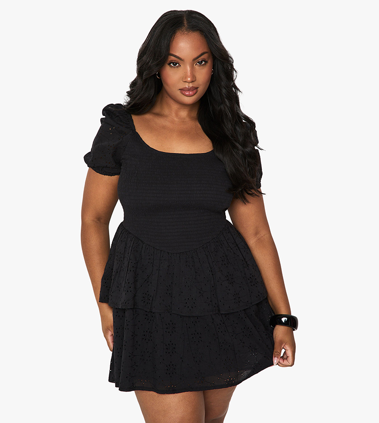 Curve Broderie Shirred Mini Dress
