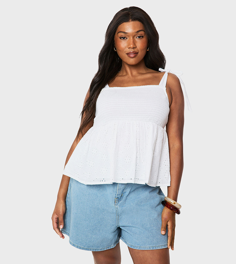 Curve Shirred Broderie Tie Shoulder Smock Top