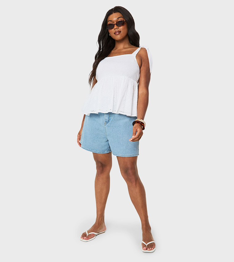 Curve Shirred Broderie Tie Shoulder Smock Top