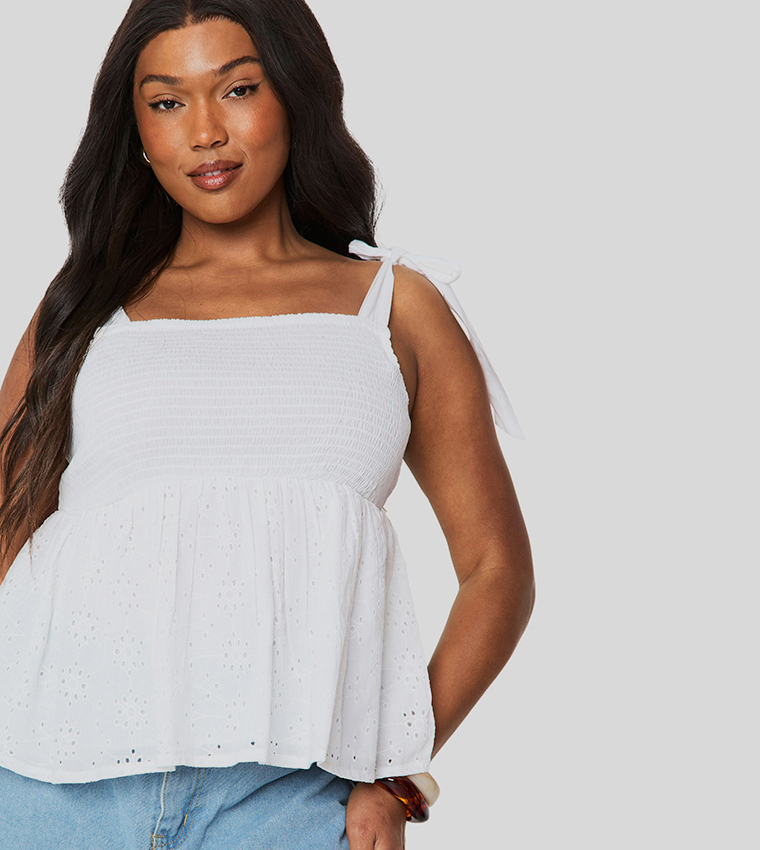 Curve Shirred Broderie Tie Shoulder Smock Top