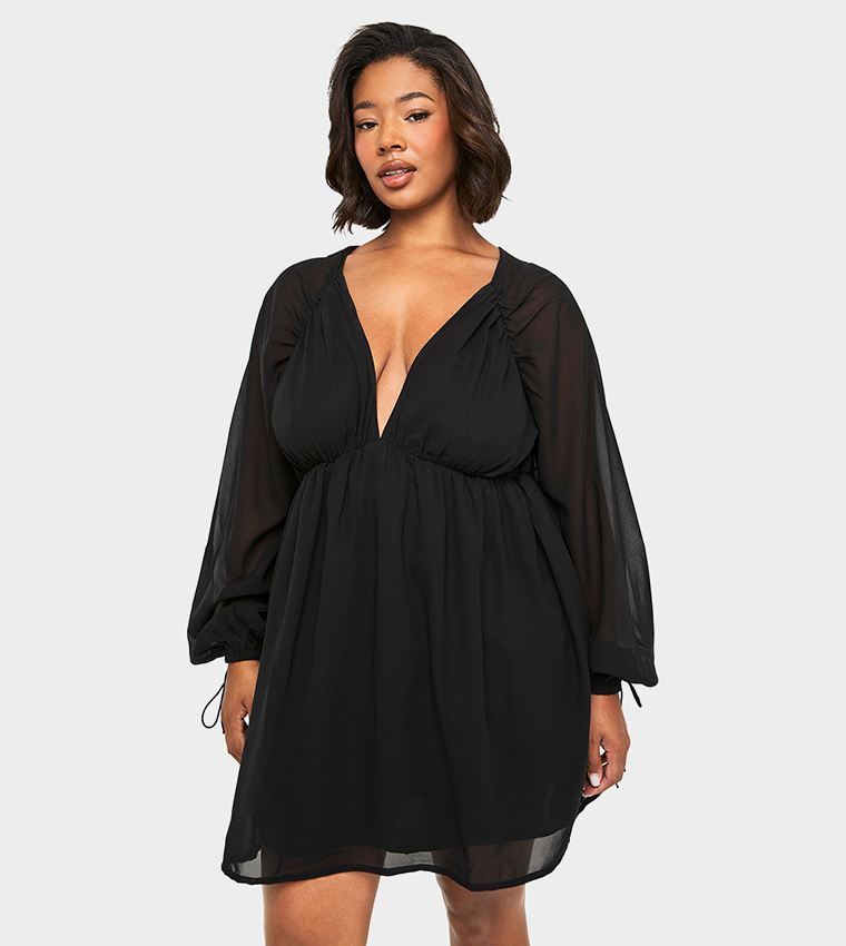 Buy Boohoo Curve Chiffon Volume Sleeves Skater Mini Dress In Black