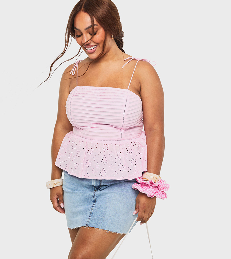 Curve Pleated Broderie Peplum Cami Top