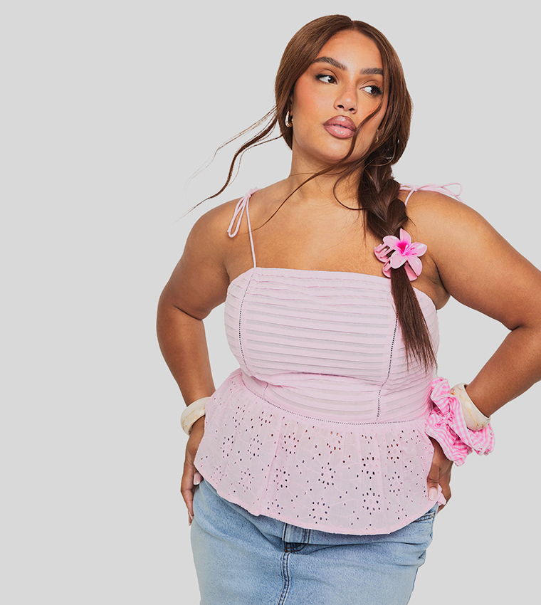 Curve Pleated Broderie Peplum Cami Top