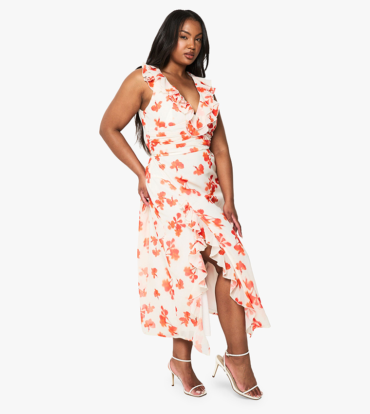 Curve Floral Chiffon Ruffled Wrap Dress