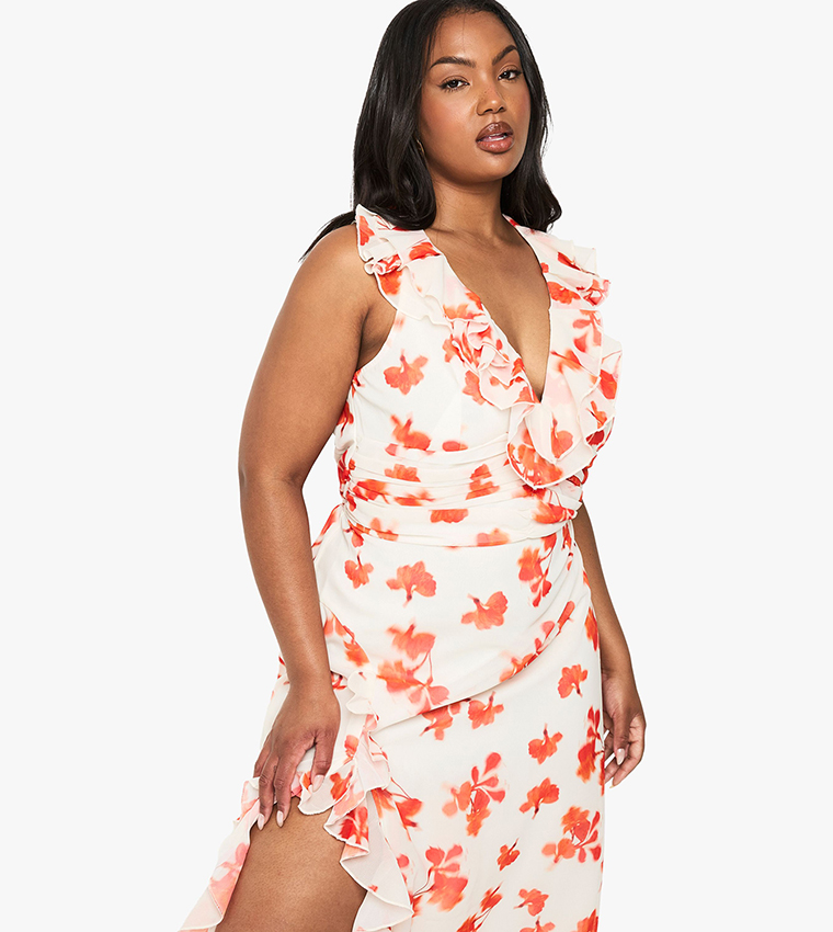 Curve Floral Chiffon Ruffled Wrap Dress