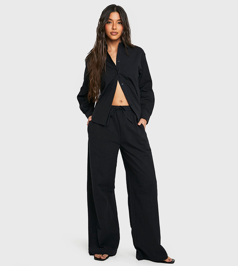 Linen Look Drawstring Wide Leg Trousers