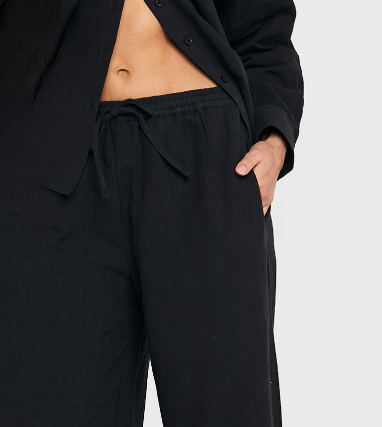 Linen Look Drawstring Wide Leg Trousers