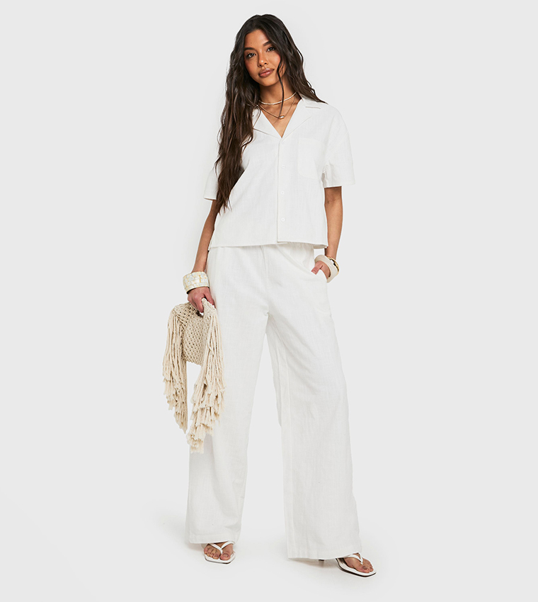Linen Look Drawstring Wide Leg Trousers