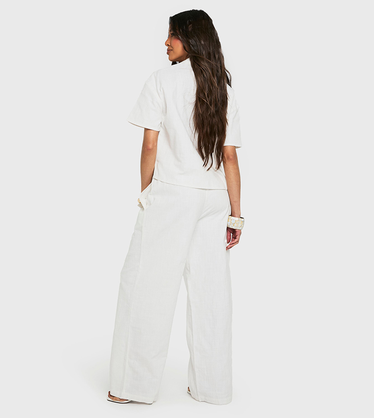 Linen Look Drawstring Wide Leg Trousers