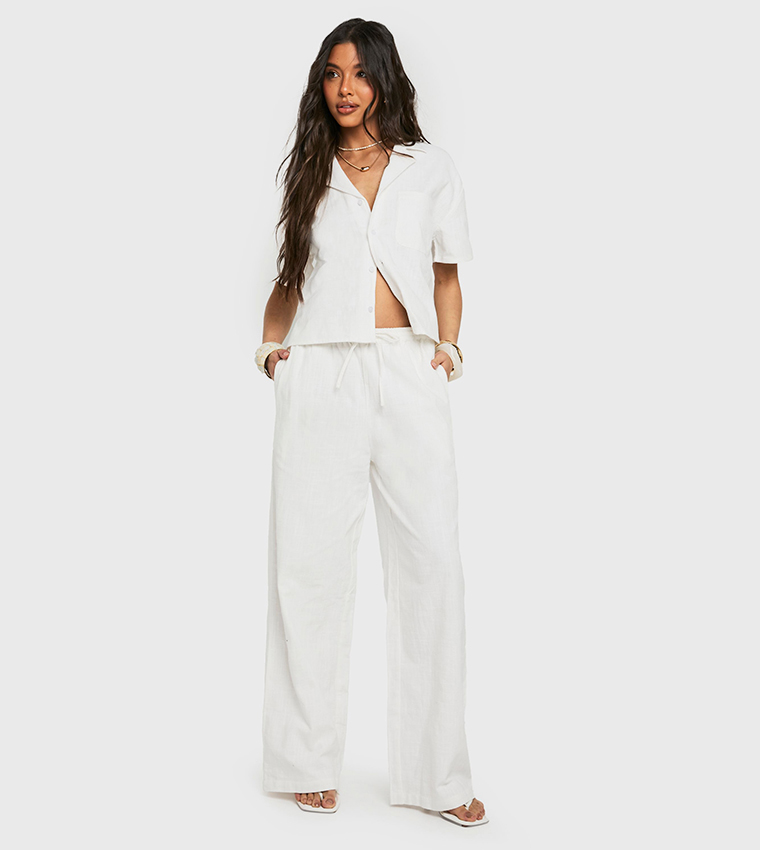 Linen Look Drawstring Wide Leg Trousers