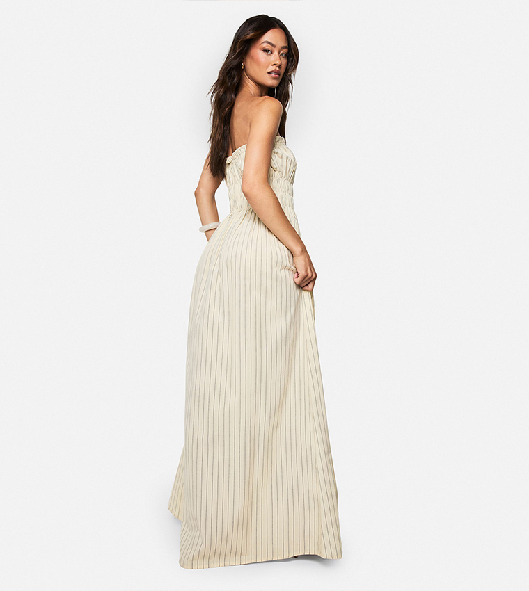 Tall Striped Strapless Shirred Maxi Dress