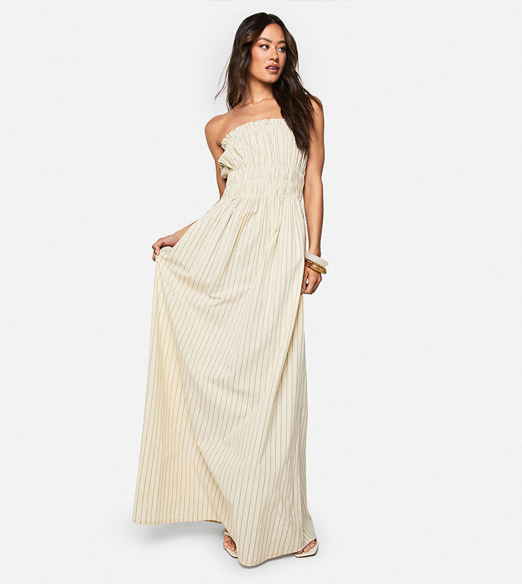 Tall Striped Strapless Shirred Maxi Dress