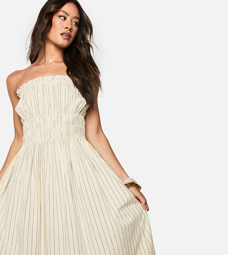 Tall Striped Strapless Shirred Maxi Dress