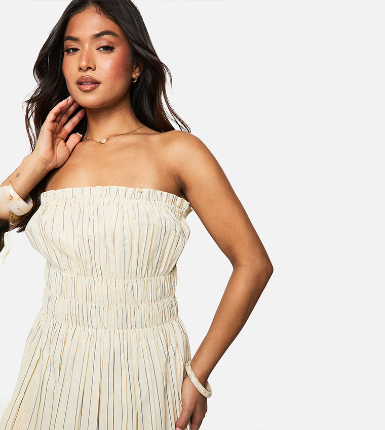 Petite Smocked Strapless Shirred Maxi Dress