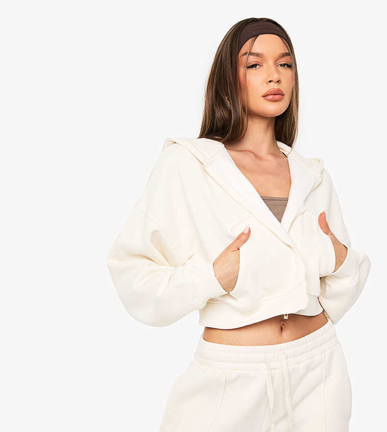 Zippered Long Sleeves Crop Hooded Jacket