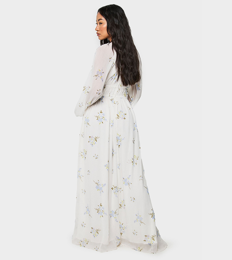 Floral Printed Bishop Sleeves Ruched Waist Maxi Dress