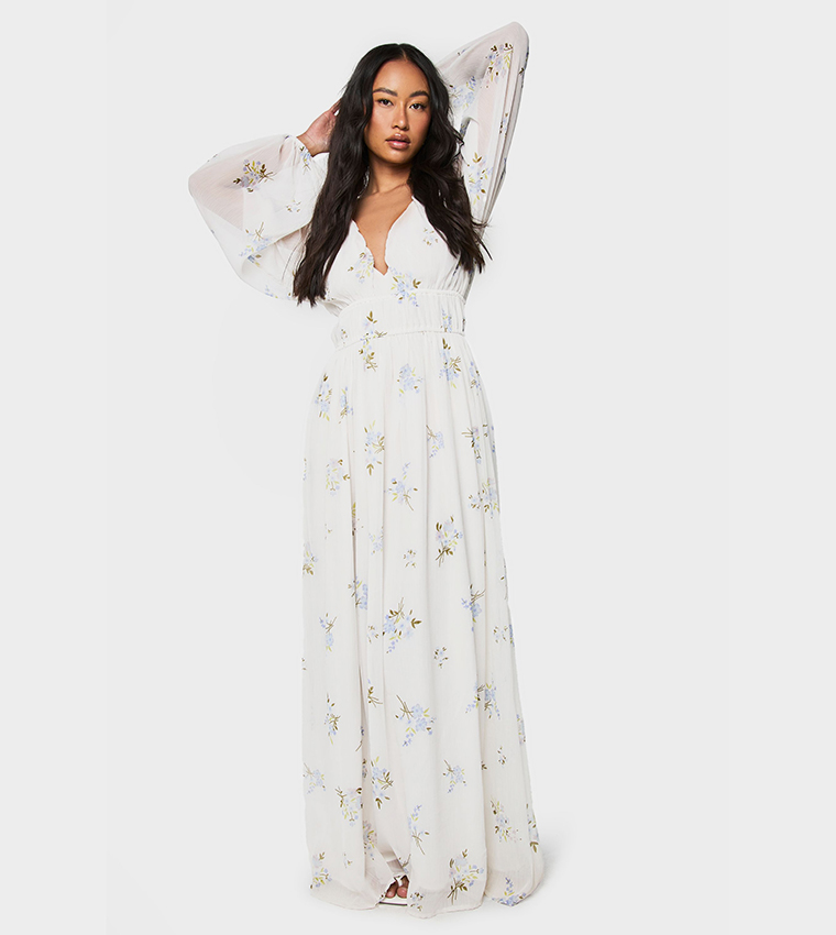 Floral Printed Bishop Sleeves Ruched Waist Maxi Dress