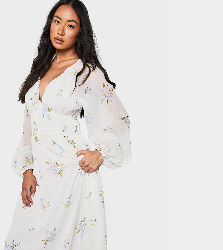 Floral Printed Bishop Sleeves Ruched Waist Maxi Dress