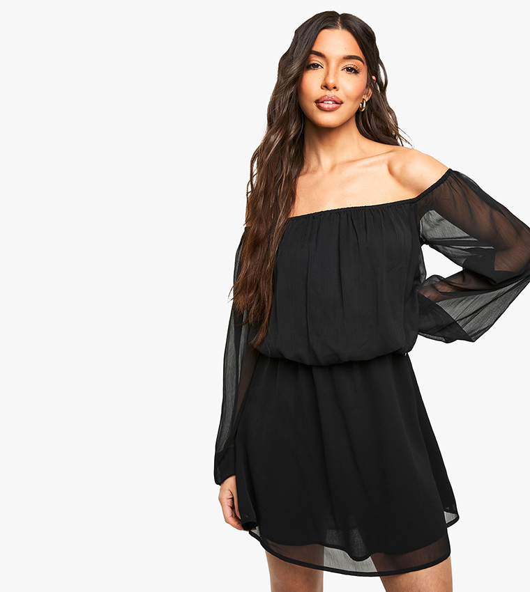 Chiffon Bardot Sleeves Asymmetric Mini Dress