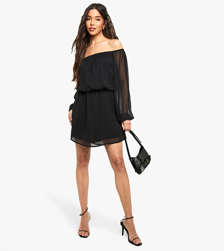 Buy Boohoo Chiffon Bardot Sleeves Asymmetric Mini Dress In Black
