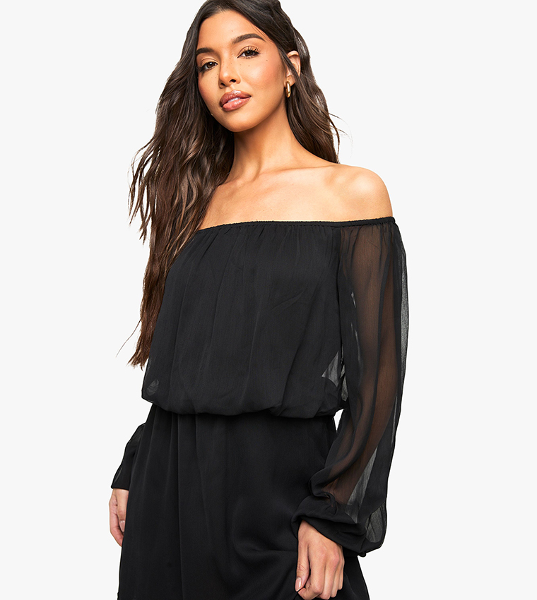 Chiffon Bardot Sleeves Asymmetric Mini Dress