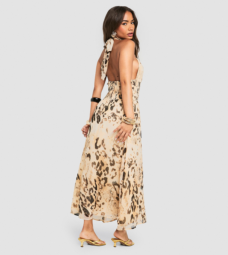 Leopard Chiffon Shirred Halterneck Midaxi Dress
