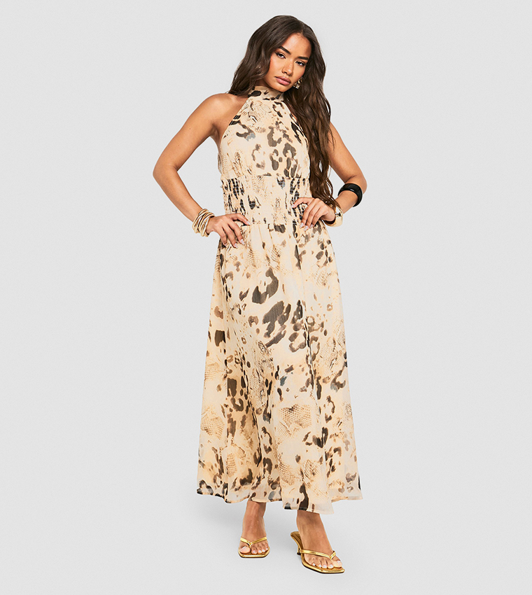 Leopard Chiffon Shirred Halterneck Midaxi Dress