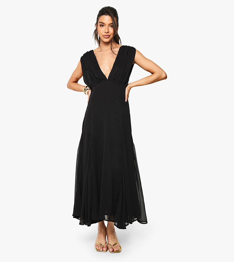 Chiffon Plunge Neck Split Detail Midaxi Dress