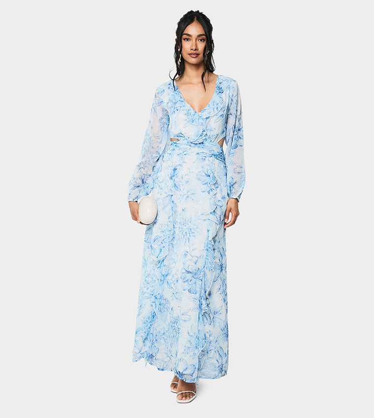 Floral Print Chiffon Volume Sleeves Maxi Dress