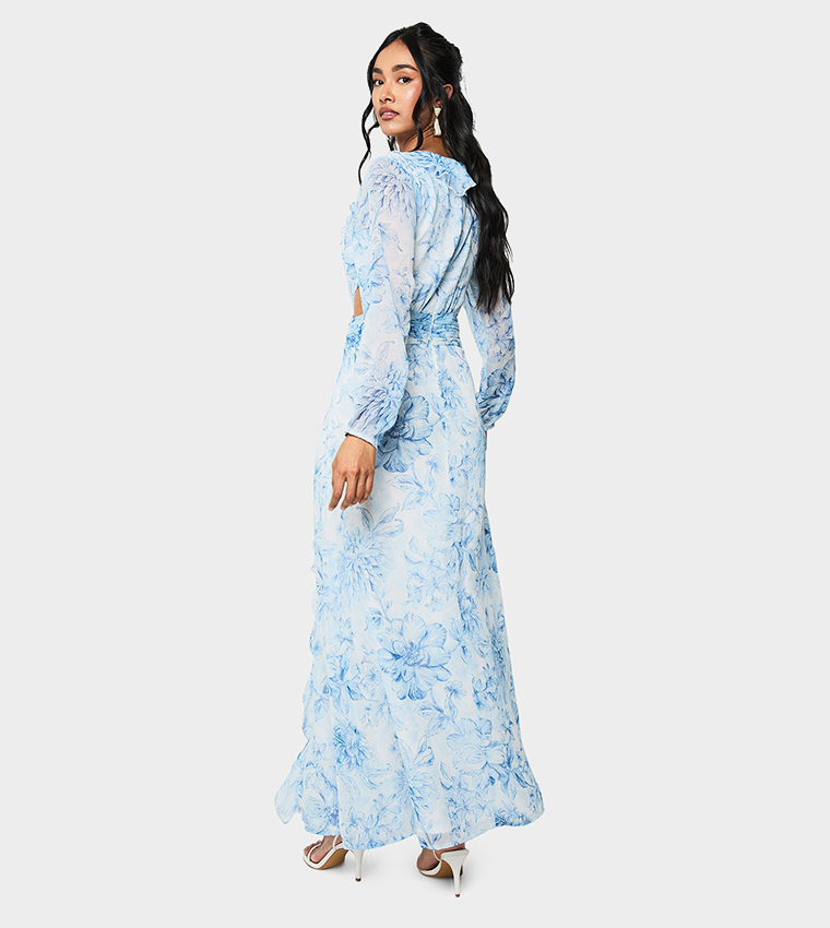 Floral Print Chiffon Volume Sleeves Maxi Dress