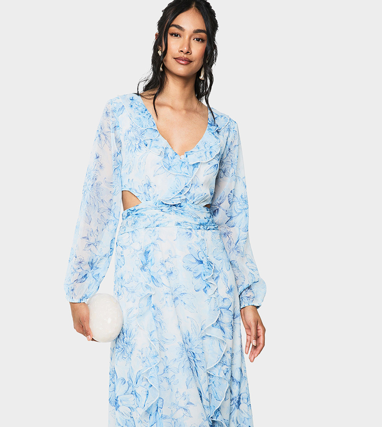 Floral Print Chiffon Volume Sleeves Maxi Dress